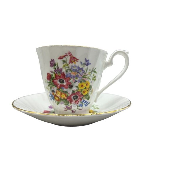 Royal Sutherland H&M Bone China Tea Cup & Saucer Pink Yellow Purple Floral - Picture 1 of 10